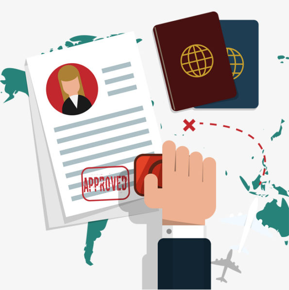 Illustration of a hand stamping a passport