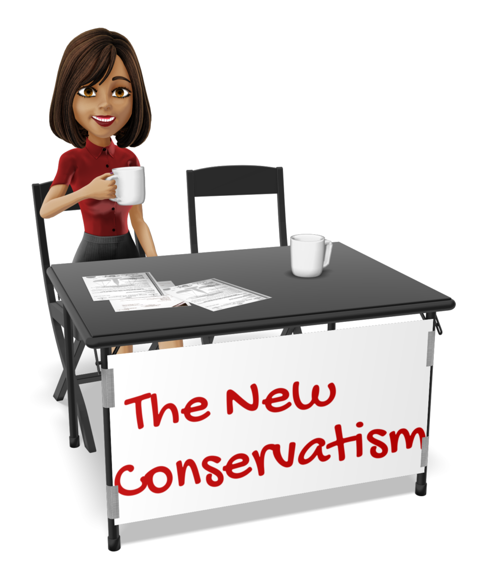 Woman drinking coffee behind sign for New Conservatism