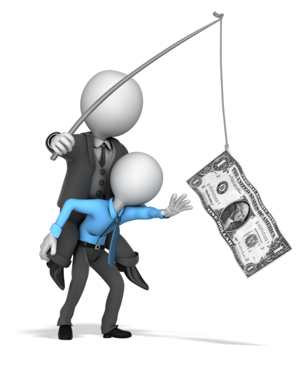 Boss holding dollar bill out of reach